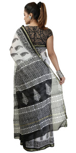White Chanderi Saree with Paisley Block Prints-Chanderi Sarees-parinitasarees