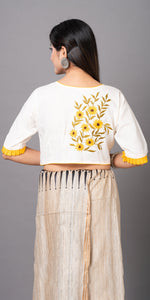 White Cotton Blouse with Floral Embroidery-parinitasarees