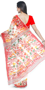 White Cotton Jamdani with Floral Motifs-Jamdani saree-parinitasarees