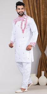 White Cotton Panjabi with Alluring Embroidery-Men's Kurtas-parinitasarees