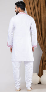White Cotton Panjabi with Alluring Embroidery-Men's Kurtas-parinitasarees