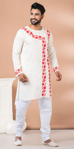 White Cotton Panjabi with Floral Kantha Embroidery-Men's Kurtas-parinitasarees