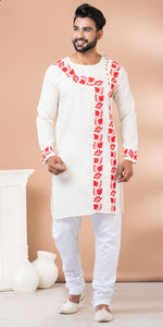 White Cotton Panjabi with Floral Kantha Embroidery-Men's Kurtas-parinitasarees