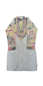 White Cotton Panjabi with Warli Pattern Kantha Embroidery-Men's Kurtas-parinitasarees