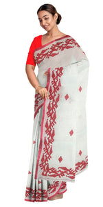 White Dhaniakhali Saree with Applique Work-Tant saree-parinitasarees