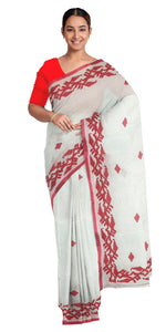 White Dhaniakhali Saree with Applique Work-Tant saree-parinitasarees