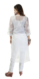 White Georgette Chikankari Kurti with Floral Motifs-Women's Chikankari Kurti-parinitasarees