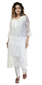 White Georgette Chikankari Kurti with Floral Motifs-Women's Chikankari Kurti-parinitasarees