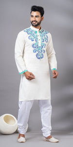 White Hand Painted Men's Cotton Kurta-Men's Kurtas-parinitasarees