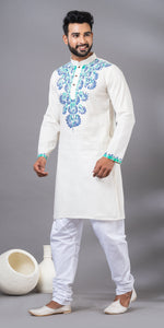 White Hand Painted Men's Cotton Kurta-Men's Kurtas-parinitasarees