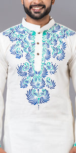 White Hand Painted Men's Cotton Kurta-Men's Kurtas-parinitasarees