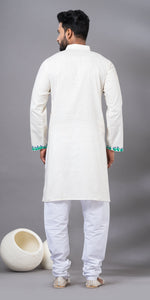 White Hand Painted Men's Cotton Kurta-Men's Kurtas-parinitasarees