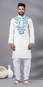 White Hand Painted Men's Cotton Kurta-Men's Kurtas-parinitasarees
