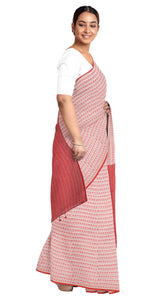 White Handspun Cotton Saree with Floral Patterns-Handspun Cotton-parinitasarees