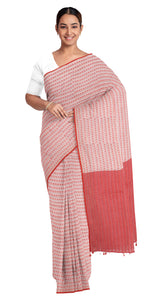 White Handspun Cotton Saree with Floral Patterns-Handspun Cotton-parinitasarees