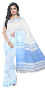 White Handspun Cotton Saree with Jamdani Pattern-Handspun Cotton-parinitasarees