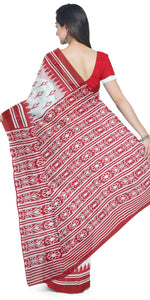 White Mul Cotton Saree with Floral Block Prints-Mul Cotton-parinitasarees