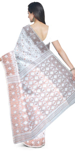 White Muslin Saree with Dhakai Motifs-Muslin saree-parinitasarees