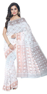 White Muslin Saree with Dhakai Motifs-Muslin saree-parinitasarees