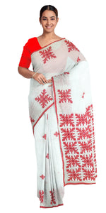 White Resham Kota Saree with Applique Work-Tant saree-parinitasarees