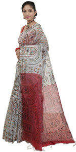 White Shantiniketan Madhubani Block Printed Cotton Saree-parinitasarees
