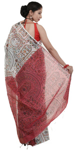 White Shantiniketan Madhubani Block Printed Cotton Saree-parinitasarees