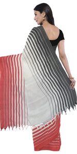 White Soft Tant Saree with Striped Patterns-Tant saree-parinitasarees
