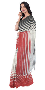 White Soft Tant Saree with Striped Patterns-Tant saree-parinitasarees