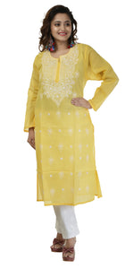 Yellow Cotton Chikankari Kurti with Floral Motifs-Women's Chikankari Kurti-parinitasarees