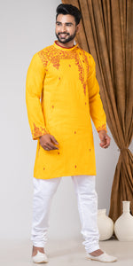 Yellow Cotton Panjabi with Alluring Embroidery-Men's Kurtas-parinitasarees