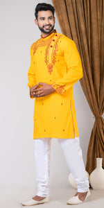 Yellow Cotton Panjabi with Alluring Embroidery-Men's Kurtas-parinitasarees