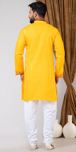 Yellow Cotton Panjabi with Alluring Embroidery-Men's Kurtas-parinitasarees