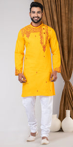 Yellow Cotton Panjabi with Alluring Embroidery-Men's Kurtas-parinitasarees