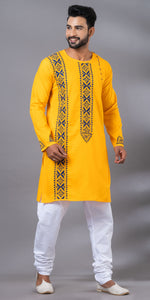 Yellow Cotton Panjabi with Floral Kantha Embroidery-Men's Kurtas-parinitasarees