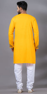 Yellow Cotton Panjabi with Floral Kantha Embroidery-Men's Kurtas-parinitasarees