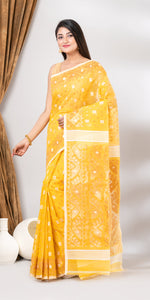 Yellow Dhakai Jamdani with Floral Motifs-Jamdani saree-parinitasarees