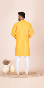 Yellow Dupion Silk Panjabi with Kantha Embroidery-Men's Kurtas-parinitasarees