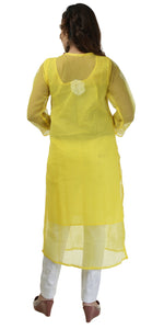 Yellow Georgette Chikankari Kurti with Floral Motifs-Women's Chikankari Kurti-parinitasarees