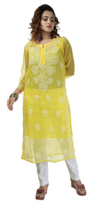 Yellow Georgette Chikankari Kurti with Floral Motifs-Women's Chikankari Kurti-parinitasarees