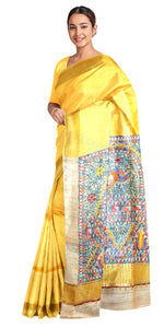 Yellow Madhubani Painted Bapta Tussar Silk Saree-Tussar Saree-parinitasarees