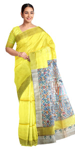Yellow Madhubani Painted Bapta Tussar Silk Saree-Tussar Saree-parinitasarees