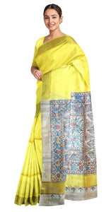Yellow Madhubani Painted Bapta Tussar Silk Saree-Tussar Saree-parinitasarees