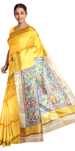 Yellow Madhubani Painted Bapta Tussar Silk Saree-Tussar Saree-parinitasarees