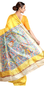 Yellow Madhubani Painted Bapta Tussar Silk Saree-Tussar Saree-parinitasarees