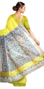 Yellow Madhubani Painted Bapta Tussar Silk Saree-Tussar Saree-parinitasarees