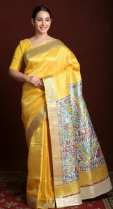 Yellow Madhubani Painted Bapta Tussar Silk Saree-Tussar Saree-parinitasarees