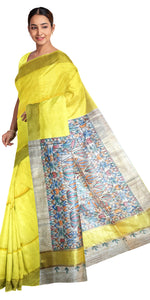 Yellow Madhubani Painted Bapta Tussar Silk Saree-Tussar Saree-parinitasarees