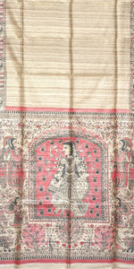 Beige Tussar Silk Saree with Durga Maa Madhubani Art-Tussar Saree-parinitasarees