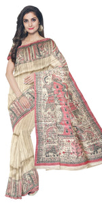 Beige Tussar Silk Saree with Durga Maa Madhubani Art-Tussar Saree-parinitasarees