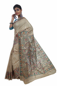 Beige Tussar Silk Saree with Madhubani Painting-Tussar Saree-parinitasarees